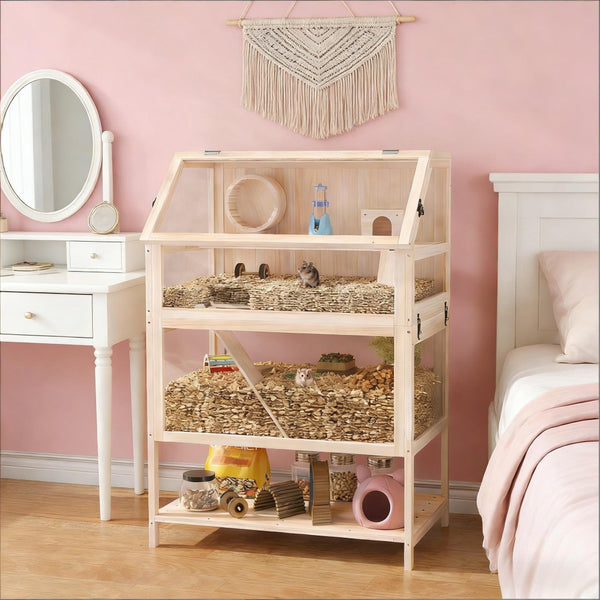 English Elm Pet Habitat Three Level Fir Wood Acrylic Enclosure with Ramps for Small Rodents T3971P440229