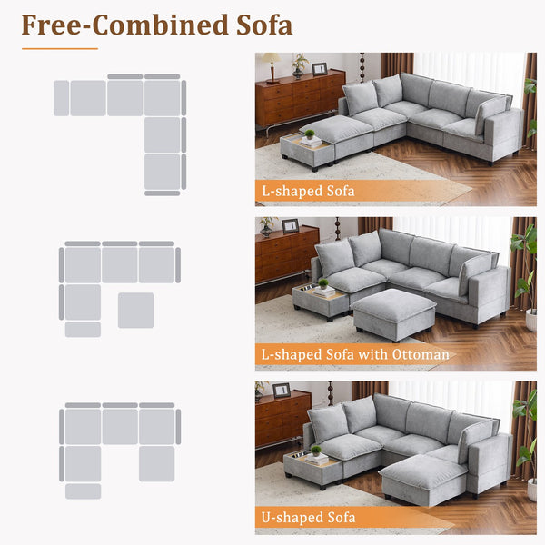 English Elm 90" U-shaped Sectional Sofa Modular Couch with Movable Ottoman, Hidden Charging Coffee Table, Durable Comfort Grey N719S001780E