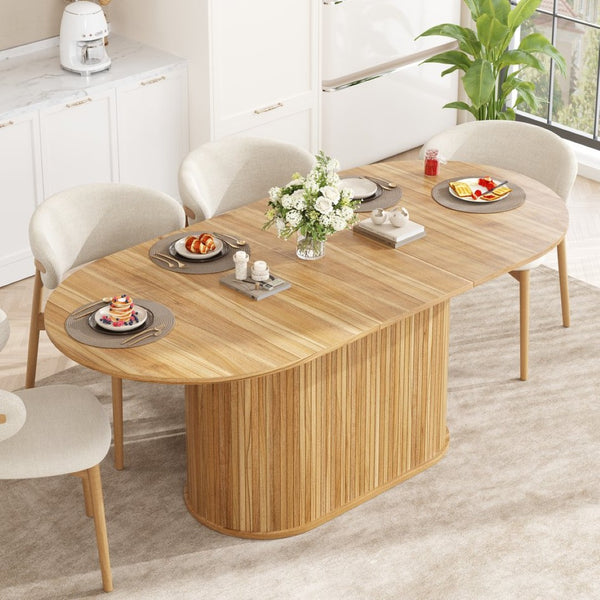 English Elm 55.11"-70.86" Extendable Dining Table with Sculpted Striped Legs Seats Six in Modern Style Natural W757P411747