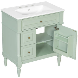 English Elm 30" Freestanding Bathroom Vanity Rubberwood Frame Ceramic Sink Flip Drawer Storage Green N725P356062F