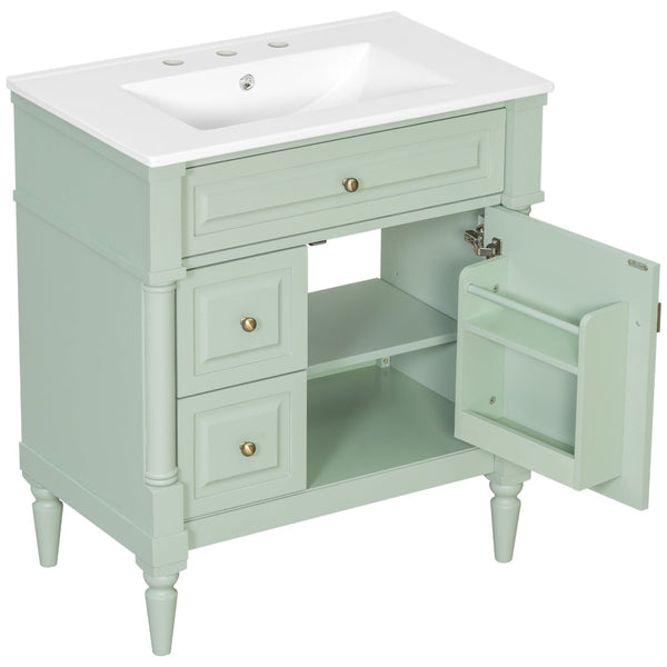 English Elm 30" Freestanding Bathroom Vanity Rubberwood Frame Ceramic Sink Flip Drawer Storage Green N725P356062F