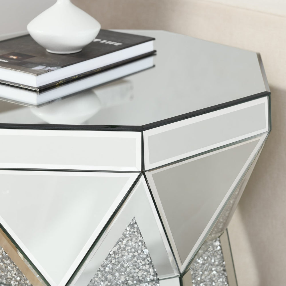 English Elm Drum Art Deco Mirror Table with Crushed Crystal Inlay, Silver Mirrored Drum Accent for Living Room W1005P190409