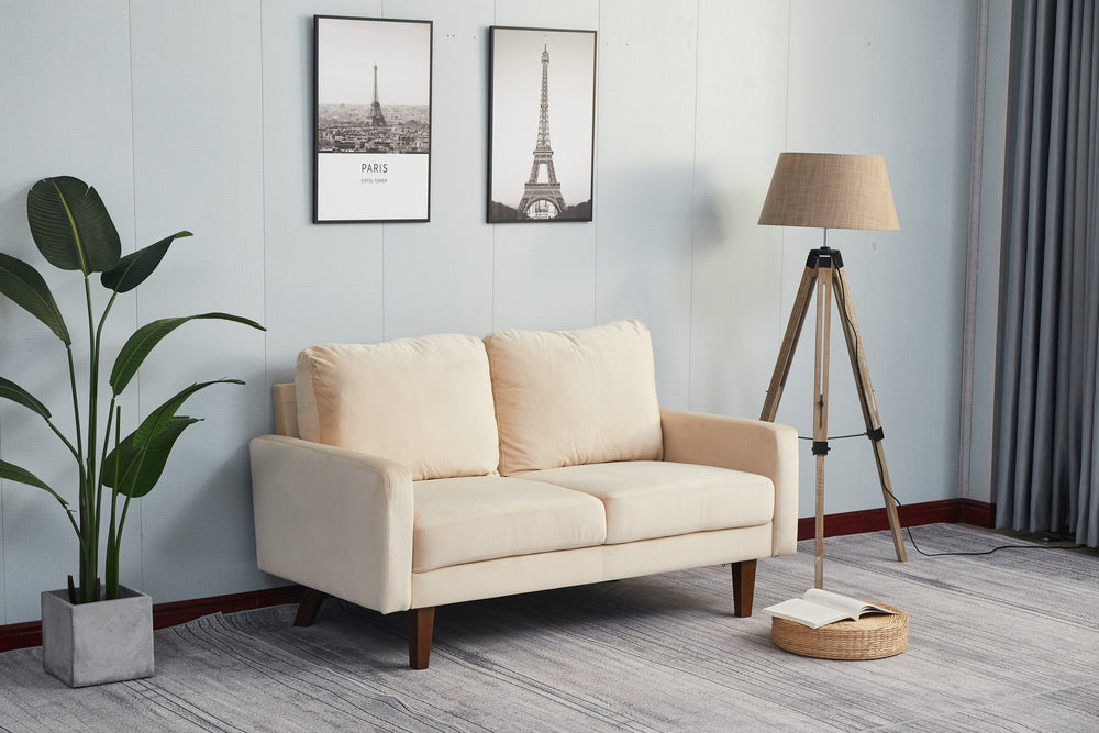 English Elm SOFA, Beige microfiber loveseat with high-density foam, solid wood frame, plush durable comfort 63" B205P249009