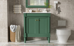 English Elm 30" French Style Bathroom Vanity with Ceramic Basin Soft Close Doors Wood Legs Green N710P415327F