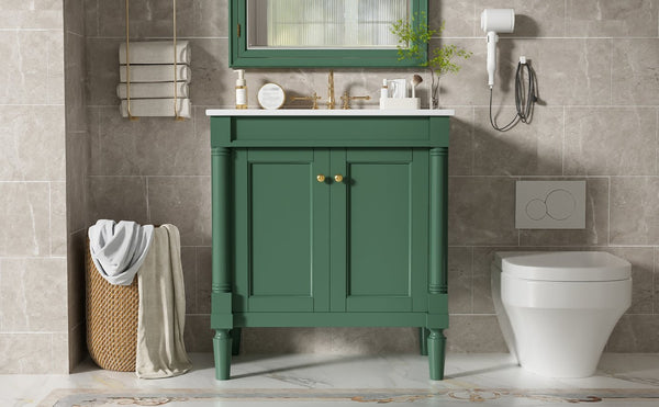 English Elm 30" French Style Bathroom Vanity with Ceramic Basin Soft Close Doors Wood Legs Green N710P415327F