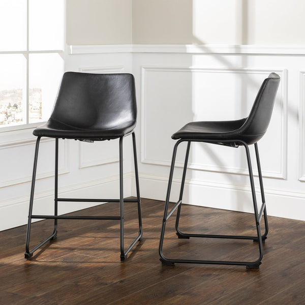 English Elm Walker Edison - Industrial Industrial Faux Leather Counter Stools Set of 2 Black PU Leather Backrest Powder-Coated Steel Legs Modern Luxe 95-char //</invalid> B185P169310