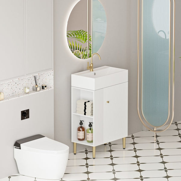 English Elm 21.6" Compact Bathroom Vanity Ceramic Sink Wave Door Open Shelf White Finish W1920S00189