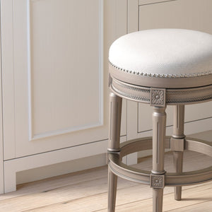 English Elm 31in. Swivel Barstool Faux Leather Seat Nailhead Trim Carved Walnut Frame Kitchen Bar Gray B2751P436439