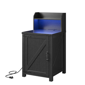 English Elm OKD Farmhouse Nightstand with Built-In Charging Station, Barn Door Accent, Adjustable Storage Shelf and Sturdy Frame Black W1550P311285