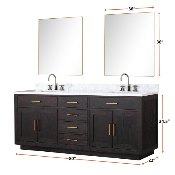 English Elm Black Oak Double Bath Vanity Set With Carrara Marble Top & Frameless Mirrors For Modern Bathrooms B2731S02143