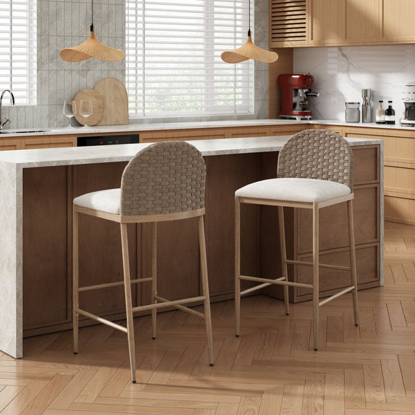 English Elm 25" Farmhouse Counter Stools Set of 2 Woven Rattan Back Iron Frame Kitchen Island N762P329089D
