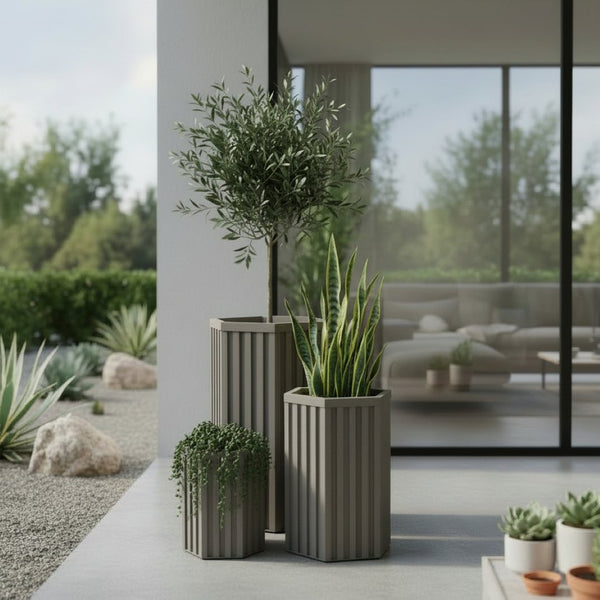 English Elm Hexagon Column Aluminum Outdoor Planter Geometric Architectural Patio Entryway Accent Brown Grey B2755P462187