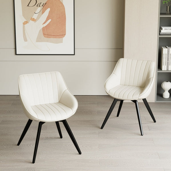 English Elm A Set of 2 Mid-century Pu Leather Dining Chairs with Ergonomic Back and Metal Legs Beige+Black W2189P197386
