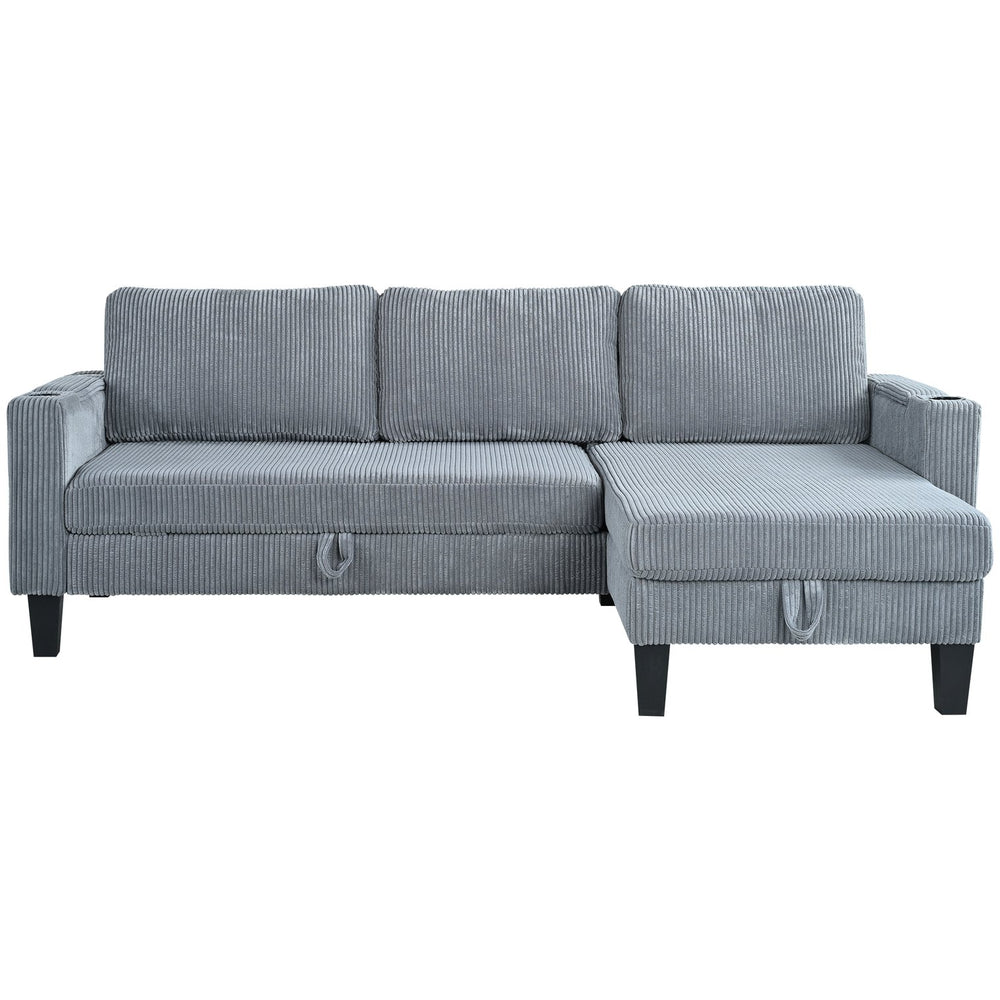 English Elm Reversible Sectional Sofa with Storage Chaise, USB Ports, Cup Holders, Corduroy Sleeper Sofa for Home Comfort Gray W680S00034