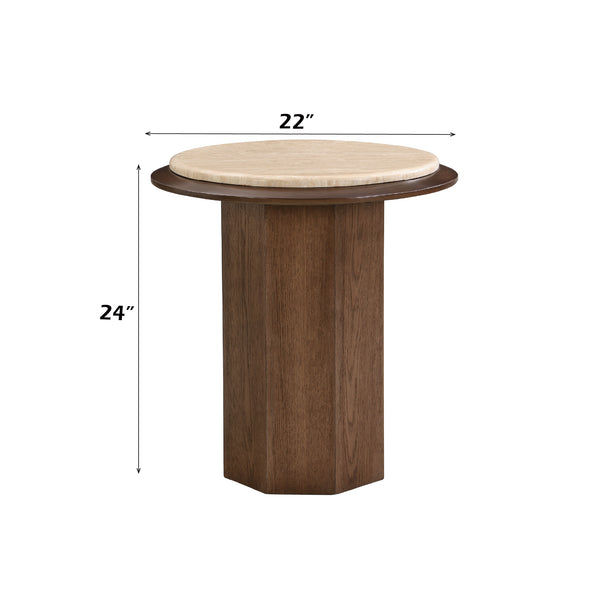 English Elm Kasha Contemporary Walnut End Table with Real Travertine Top, MDF Veneer Oak Finish, 40lb Limit B2726S00550