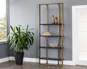 Sunpan Dalton Modern Bookcase In Black Oak With Antique Brass Frame - Unique Wood Grain & Character Black Wood 111906