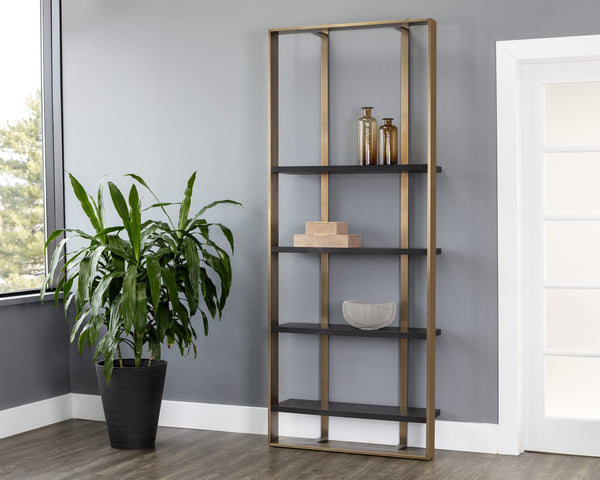 Sunpan Dalton Modern Bookcase In Black Oak With Antique Brass Frame - Unique Wood Grain & Character Black Wood 111906