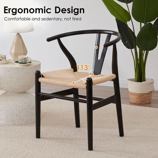 English Elm Two Wood Wishbone Dining Chairs Black Solid Beech & Ash Ergonomic Mid-Century Modern, Preassembled T3623P380676