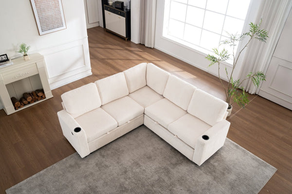 English Elm Sectional Corduroy Sleeper Sofa with Storage and Charging Ports for Small Spaces White W1361S00075
