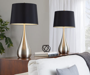 English Elm Pebble 29" Contemporary Metal Table Lamp Set of 2 in Brushed Nickel with Black Linen Shades, Elegant Teardrop Base and 3-Way Switch (Set) B202P224116