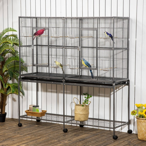 English Elm Pawhut Spacious Double Compartment Rolling Metal Bird Cage with Perch and Storage Shelf W2225P173759