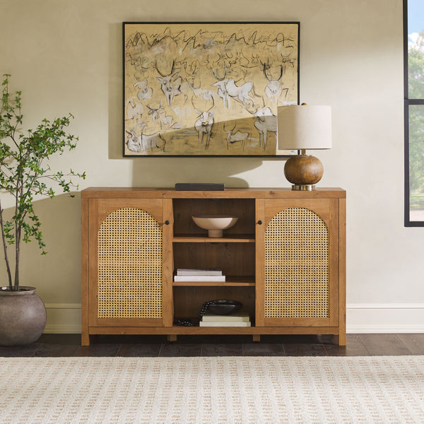 58" 4-Door Sideboard w/ Arched Rattan Panels English Oak SAHD5DEO Walker Edison