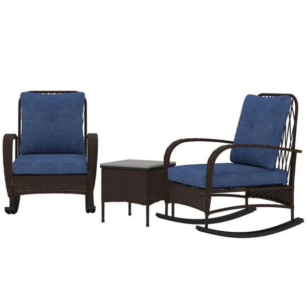 English Elm Balcony Wicker Rocking Chair Set Pe Rattan Bistro Seating with Tufted Cushions T3971P446005