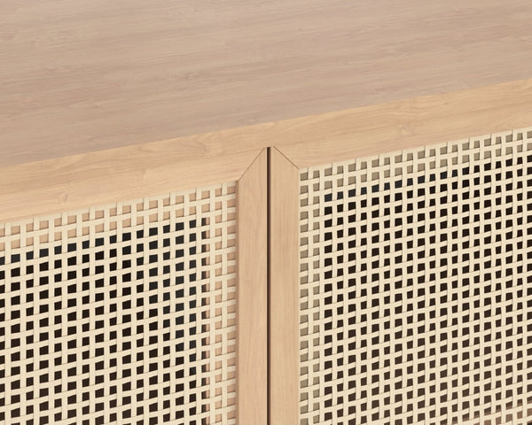 Sunpan AVIDA Handcrafted Compact Sideboard - Black Rustic Oak & Natural Rattan for Modern Storage Solutions 110947