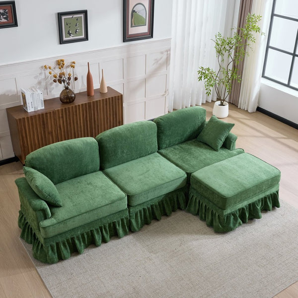English Elm 103.15'' Chenille L-shaped Sectional Sofa with Detachable Pleated Skirt and Ottoman Green W3612S00046