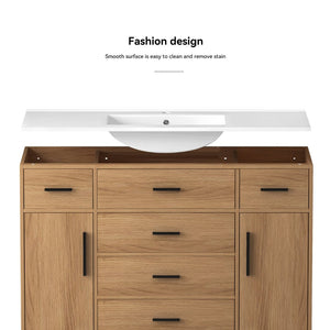 English Elm 48"dark Brown Vanity with 6 Drawers and Soft Close Doors for a Spa Bathroom Light Oak W3133S00026