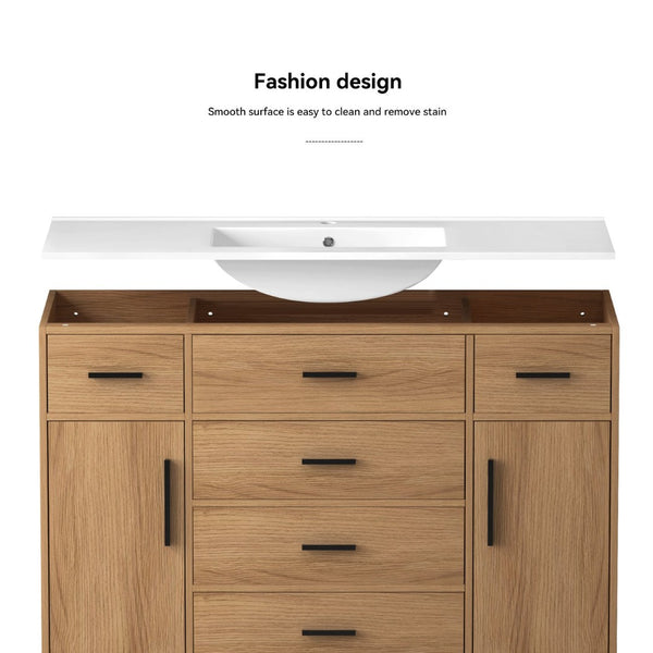 English Elm 48"dark Brown Vanity with 6 Drawers and Soft Close Doors for a Spa Bathroom Light Oak W3133S00026