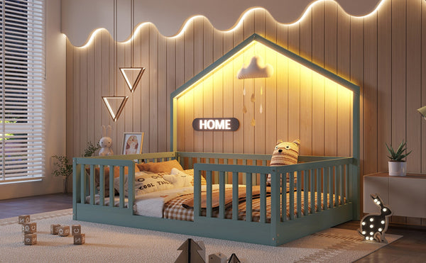 English Elm Twin Montessori Floor Bed House Frame with Led Lighting and Safety Rails for Kids Grey W2593P440606