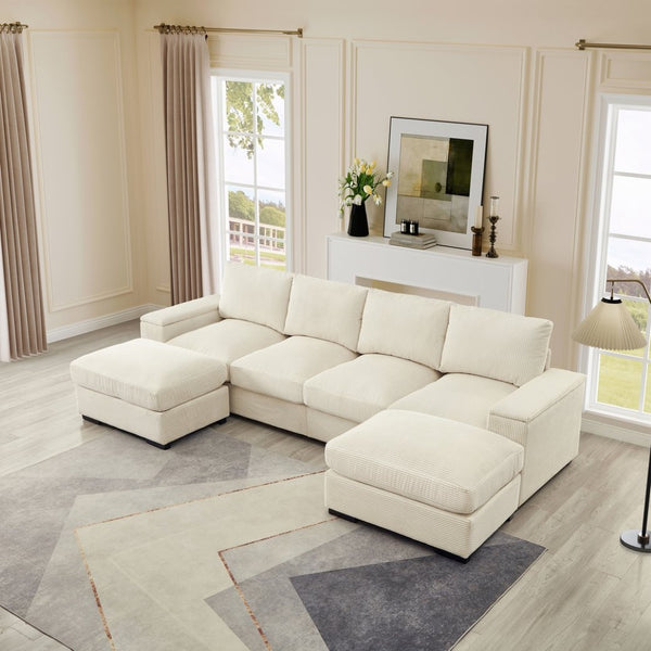 English Elm 122"l Corduroy Sectional with Dual Ottomans Modular U-shape Sofa for Modern Living Beige W1669S00020
