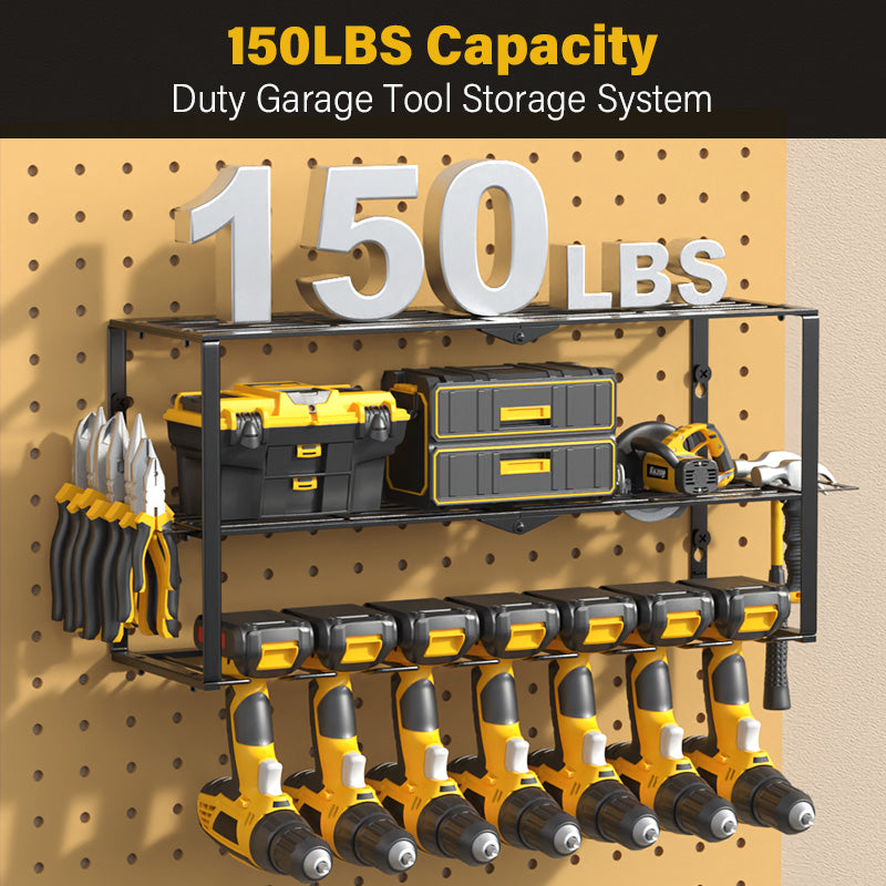 English Elm Heavy Heavy Duty Metal Power Tool Organizer 7-Drill Garage Rack 150lb Capacity Black Shelf Pegboard Friendly 25.98x7.48x12.2" W2181P351801