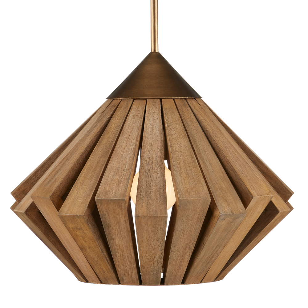 Plunge Pendant Light - Mid-Century Modern Wooden Shade with Brass Finish, Adjustable Height Design