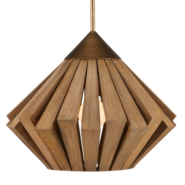 Plunge Pendant Light - Mid-Century Modern Wooden Shade with Brass Finish, Adjustable Height Design