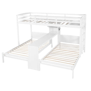 English Elm Twin Triple Bunk Bed with Built in Desk Open Shelving and Led Task Lighting White N7090002243K