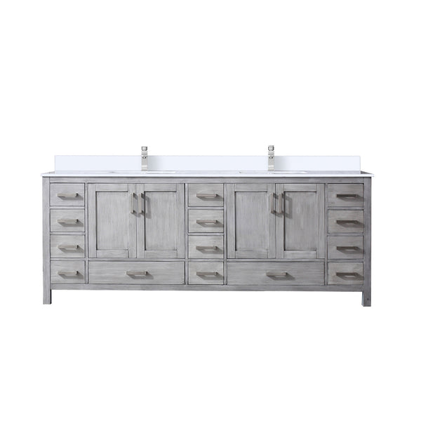 English Elm Distressed Grey Double Bath Vanity 84" W x 22" D with White Quartz Top, Soft-Close Drawers, Faucet Set B2731P259159