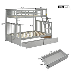 English Elm Twin Over Full Bunk Bed With Storage Drawers – Stylish Gray Wooden Bed With Safety Rails & Ladder K495S00001-GIGA