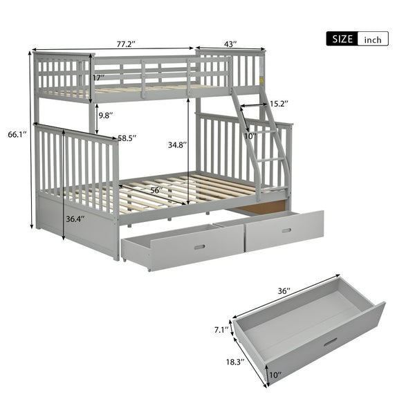 English Elm Twin Over Full Bunk Bed With Storage Drawers – Stylish Gray Wooden Bed With Safety Rails & Ladder K495S00001-GIGA