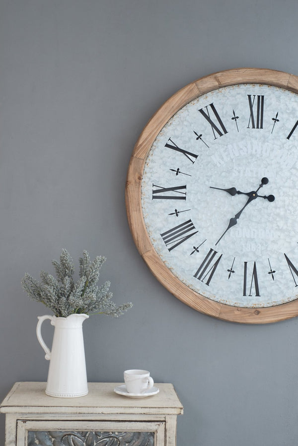 English Elm D32.3" Oversized Rustic Wall Clock with Fir Frame, Galvanized Numerals, Black Steel Hands, Vintage Charm W2078P293128