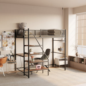 English Elm Black Metal Loft Bed with Built-in Desk Rgb Led Lighting and Charging Station Black W1671S00004