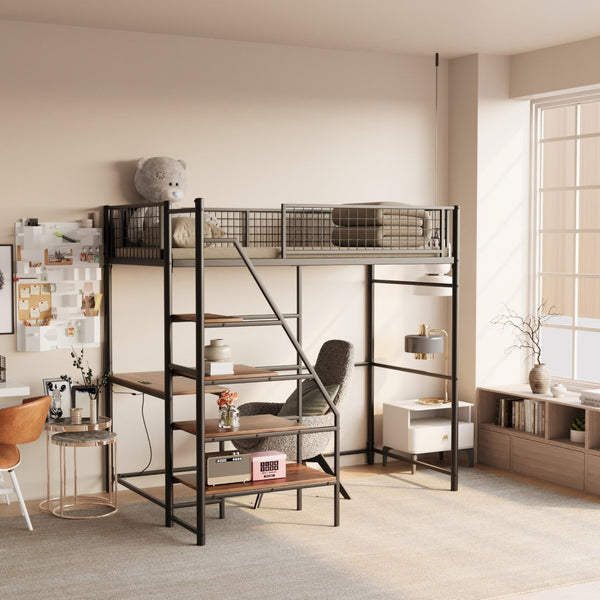 English Elm Black Metal Loft Bed with Built-in Desk Rgb Led Lighting and Charging Station Black W1671S00004