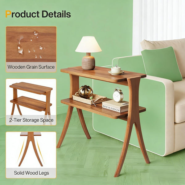English Elm 2-tier Walnut Wood Grain End Table with Herringbone Legs for Entryway or Living Room T3971P448039