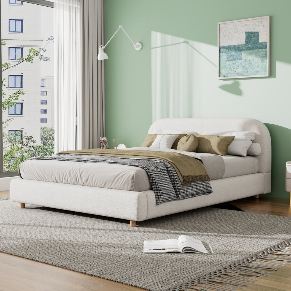 English Elm Queen Boucle Upholstered Bed Curved Foam Padded Headboard Solid Wood Legs Modern N757Q210312W-1