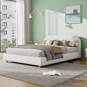 English Elm Queen Boucle Upholstered Bed Curved Foam Padded Headboard Solid Wood Legs Modern N757Q210312W-1