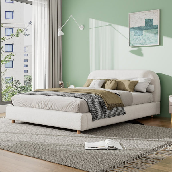 English Elm Queen Boucle Upholstered Bed Curved Foam Padded Headboard Solid Wood Legs Modern N757Q210312W-1