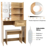 English Elm Vanity Desk Set Stool & Dressing Table With Led Lighting Mirror Drawer and Compartments Modern Wood Cosmetic Table Chest Of Drawers Nature Color