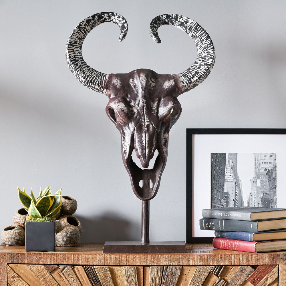 English Elm Christopher Knight Home® - Taurus Aluminum Bull Skull on Stand — Handcrafted Bronze Whitewash Accent Decor, Rustic Southwest Centerpiece 68772.00