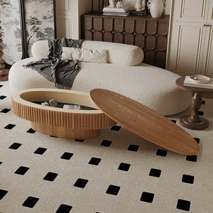 English Elm 47'' Oval Storage Coffee Table Fluted Wood Veneer Lift Lid Sculptural Living Room Accent Natural Wood W1435P293222